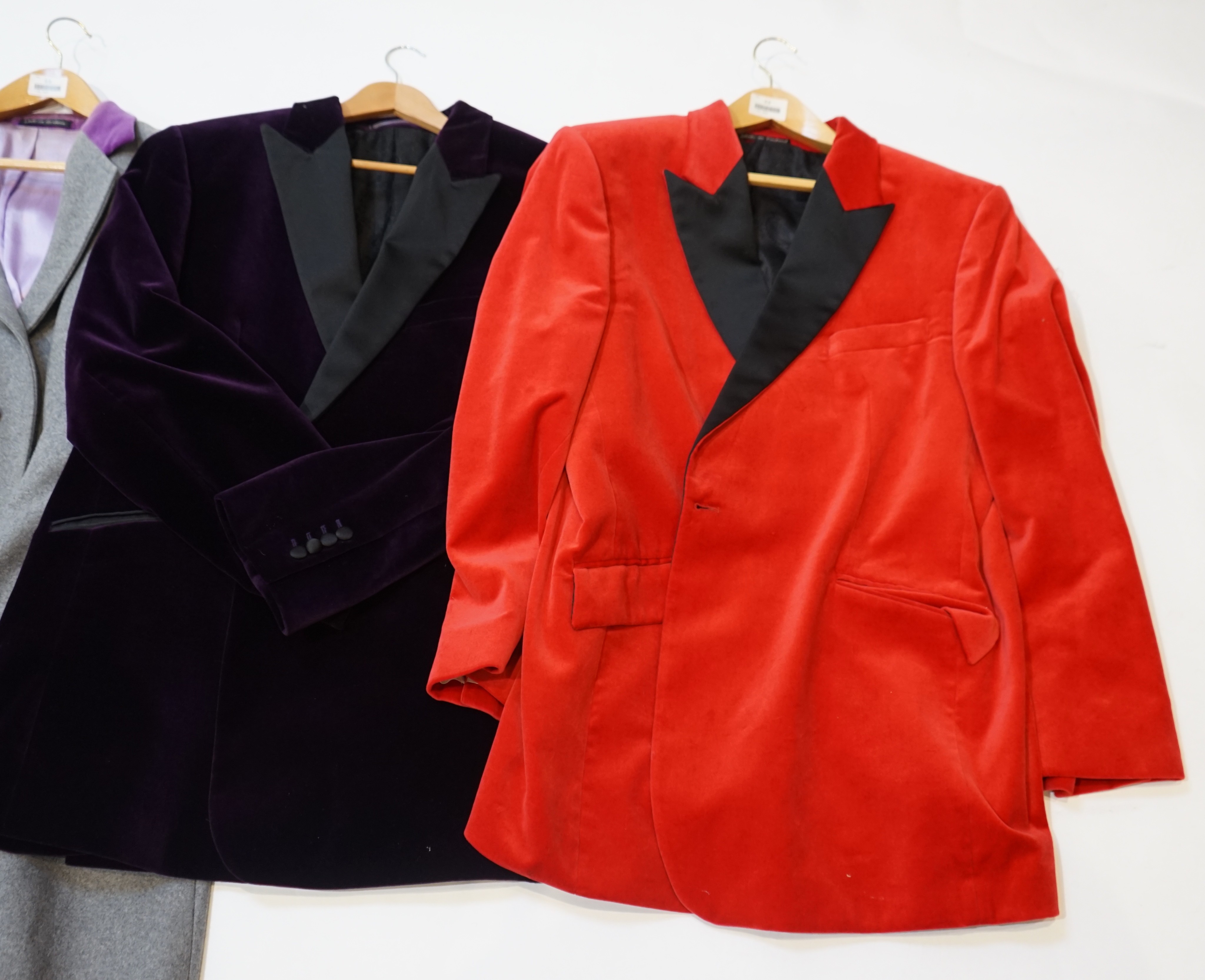 A group of four gentleman's Gresham Blake velvet jackets and two overcoats custom made. Approx size UK 44-46